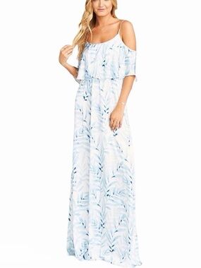 Show me your Mumu Cold-Shoulder Light Blue Leaf Print Maxi Dress size XS